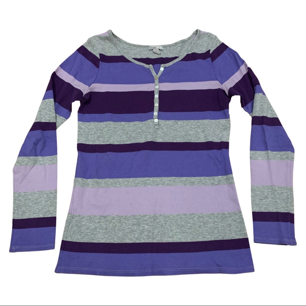Thermal Henley Purple and Gray Striped Long Sleeve Top